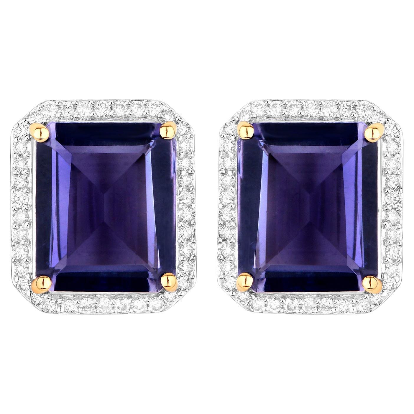 Natural Iolite Stud Earrings Diamond Halo 7.2 Carats 14K Gold For Sale