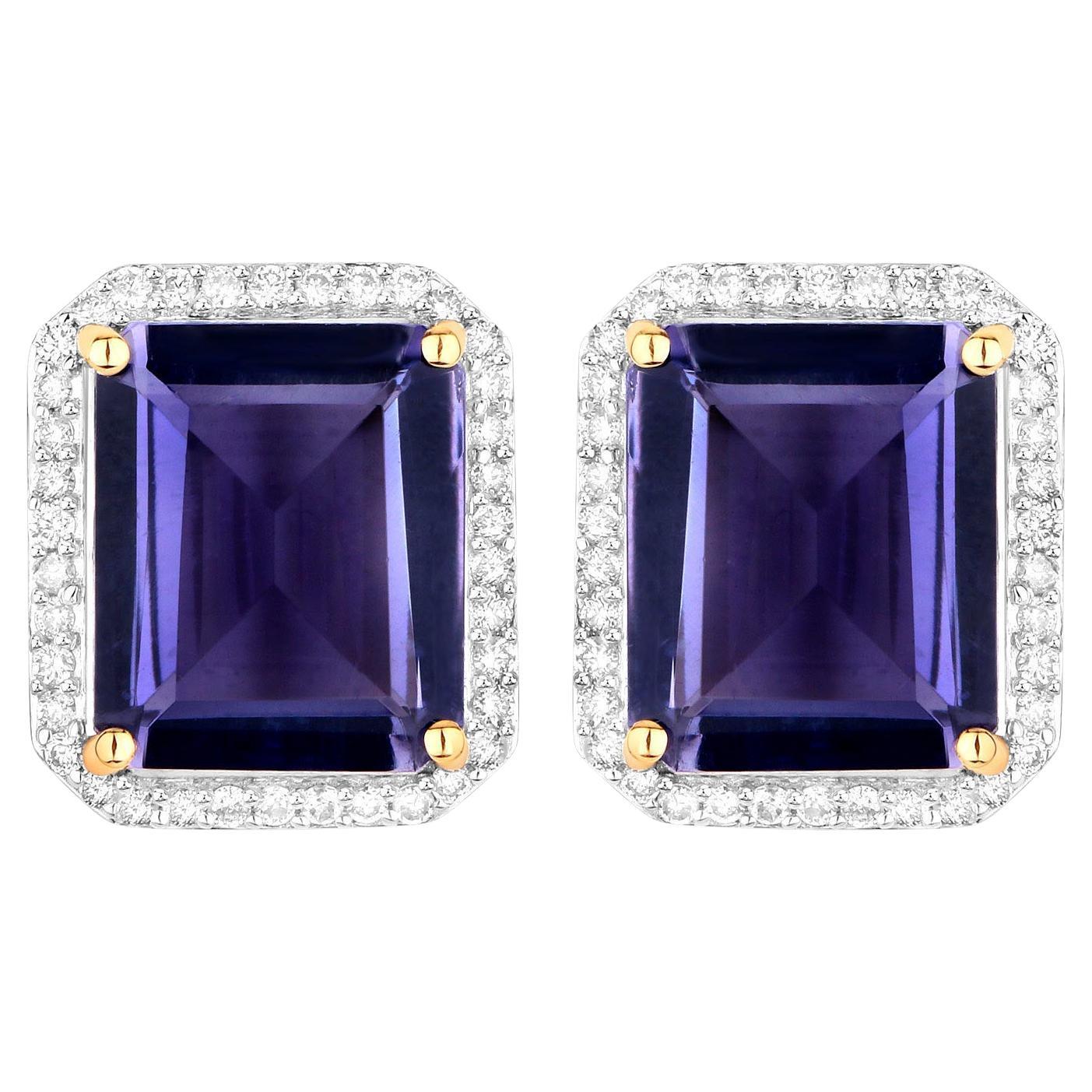 Natural Iolite Stud Earrings Diamond Halo 7.2 Carats 14K Gold