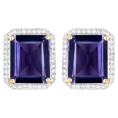 Natural Iolite Stud Earrings Diamond Halo 7.2 Carats 14K Gold