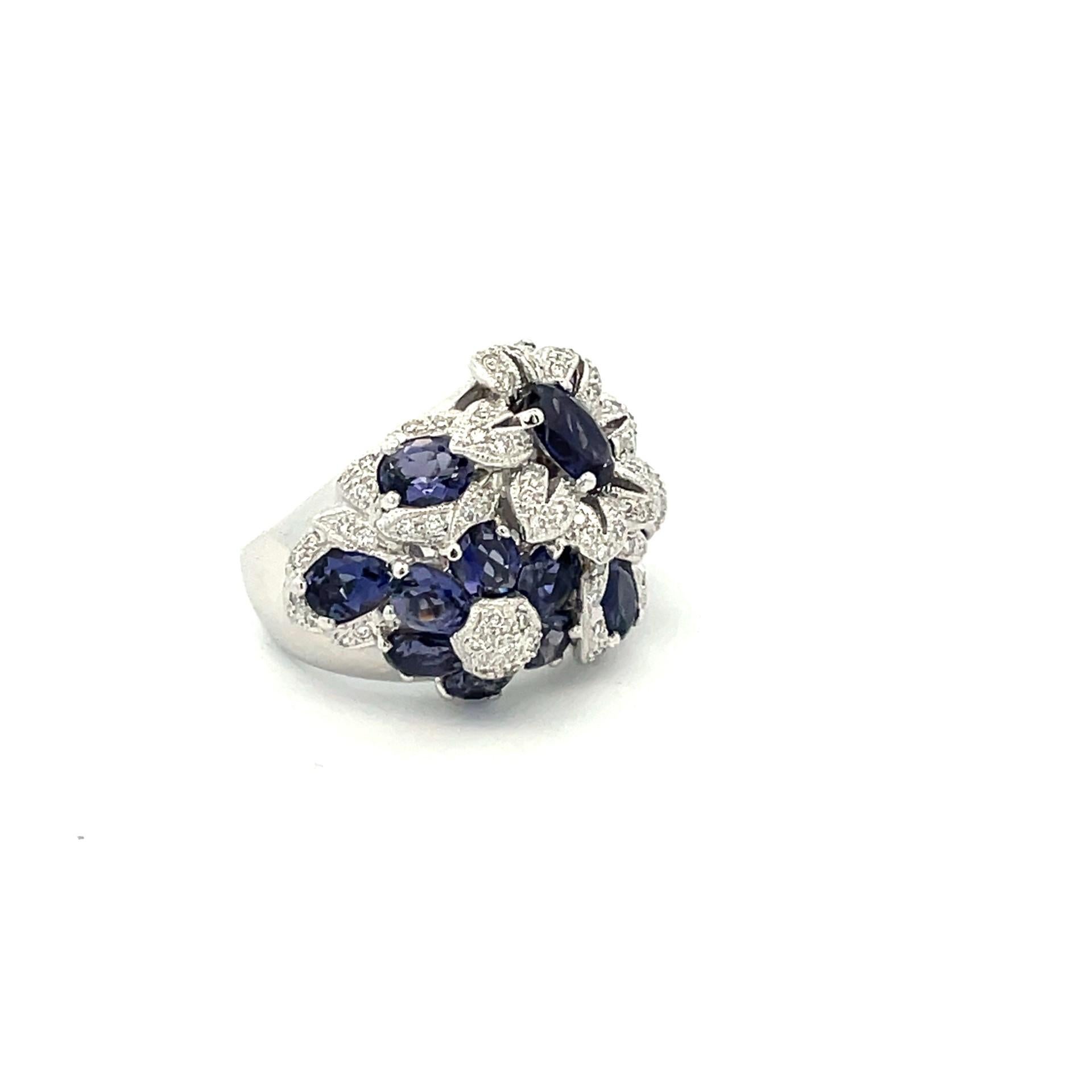 Contemporary Natural Iolite & White Diamond Flower Cluster Ring in 18Kt White Gold For Sale