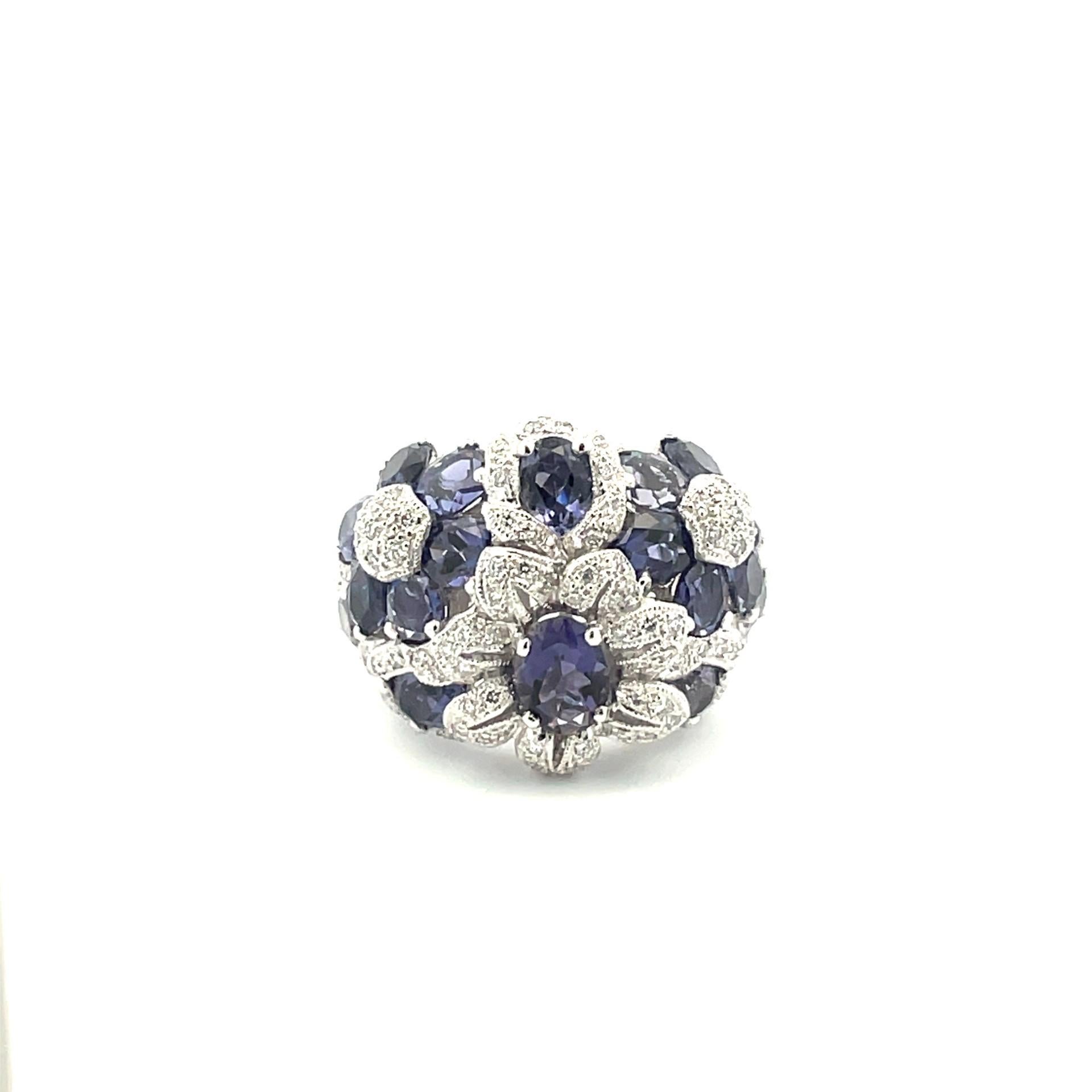 Round Cut Natural Iolite & White Diamond Flower Cluster Ring in 18Kt White Gold For Sale