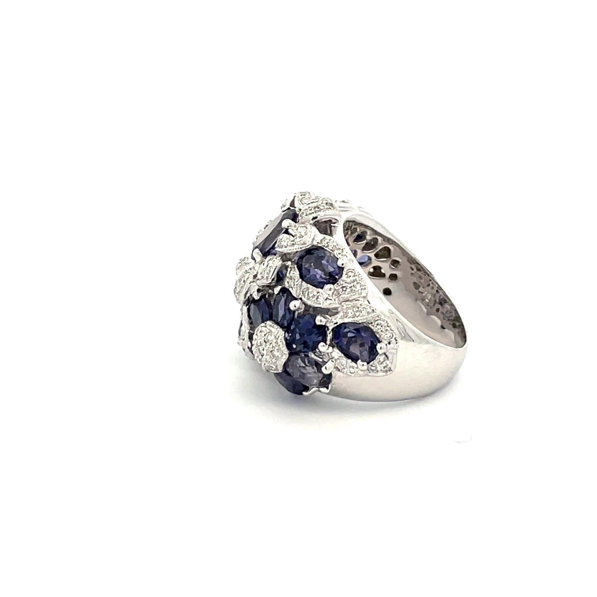 Natural Iolite & White Diamond Flower Cluster Ring in 18Kt White Gold In New Condition For Sale In Westmount, CA