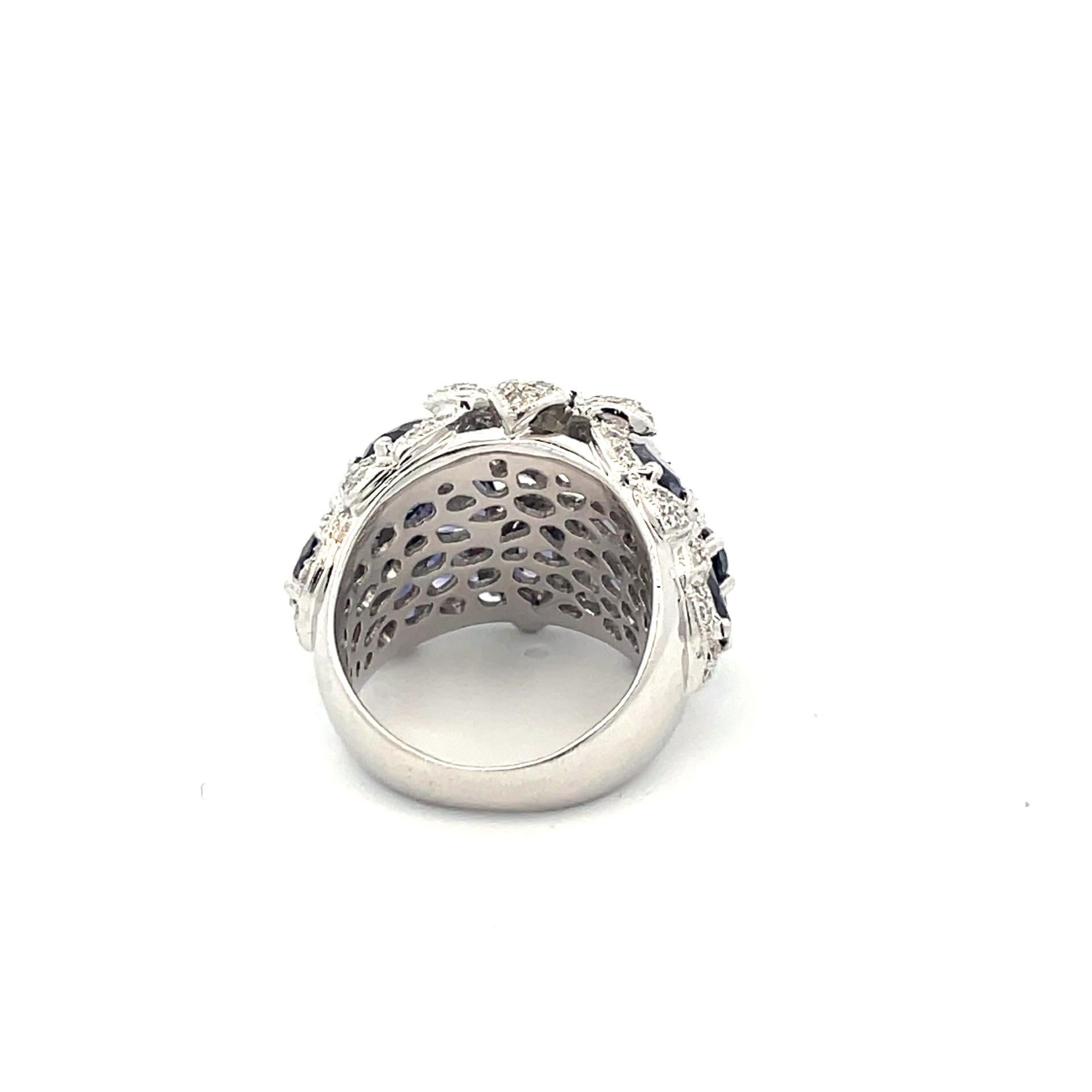 Women's Natural Iolite & White Diamond Flower Cluster Ring in 18Kt White Gold For Sale