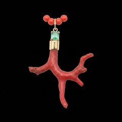 Natural Italian Coral Pendant with Emerald and 14k Gold
