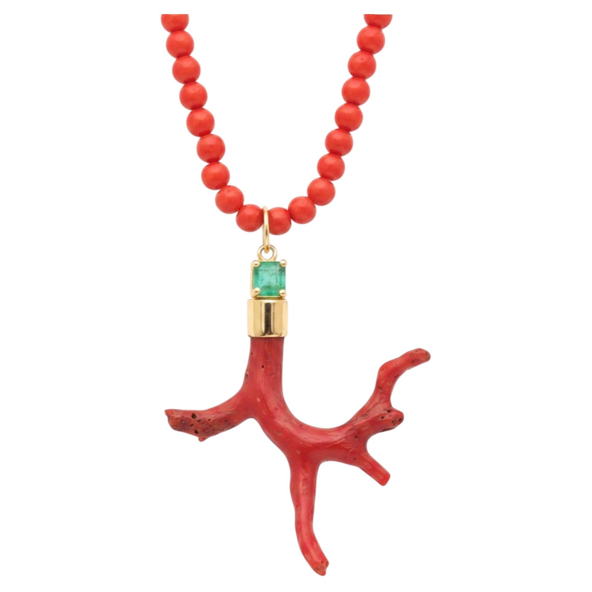 Natural Italian Coral Pendant with Emerald and 14k Gold