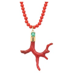 Natural Italian Coral Pendant with Emerald and 14k Gold