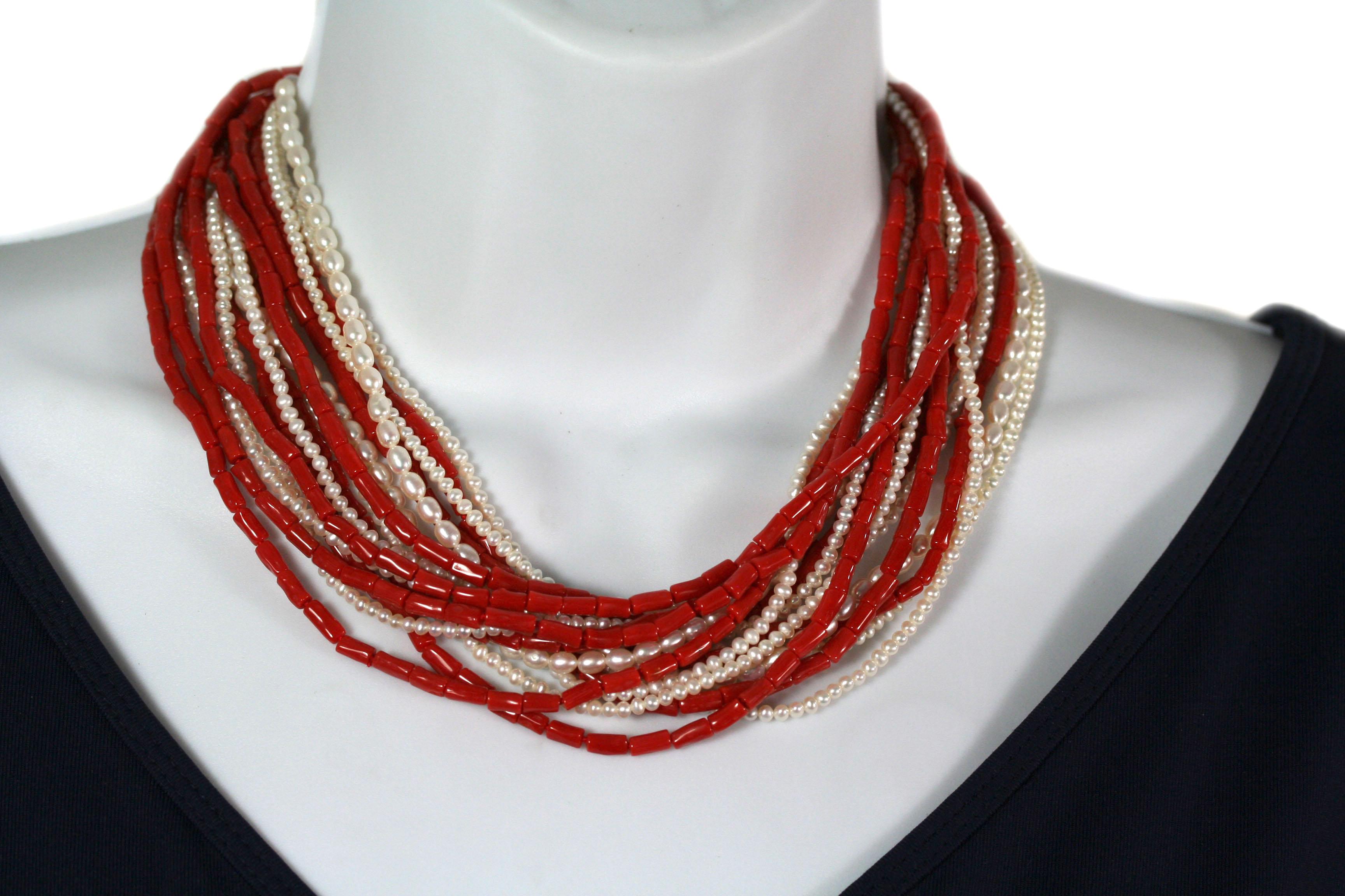 Contemporary Natural Italian Red Coral and Pearls 8-Strand Torsade Necklace 18k Gold Clasp For Sale