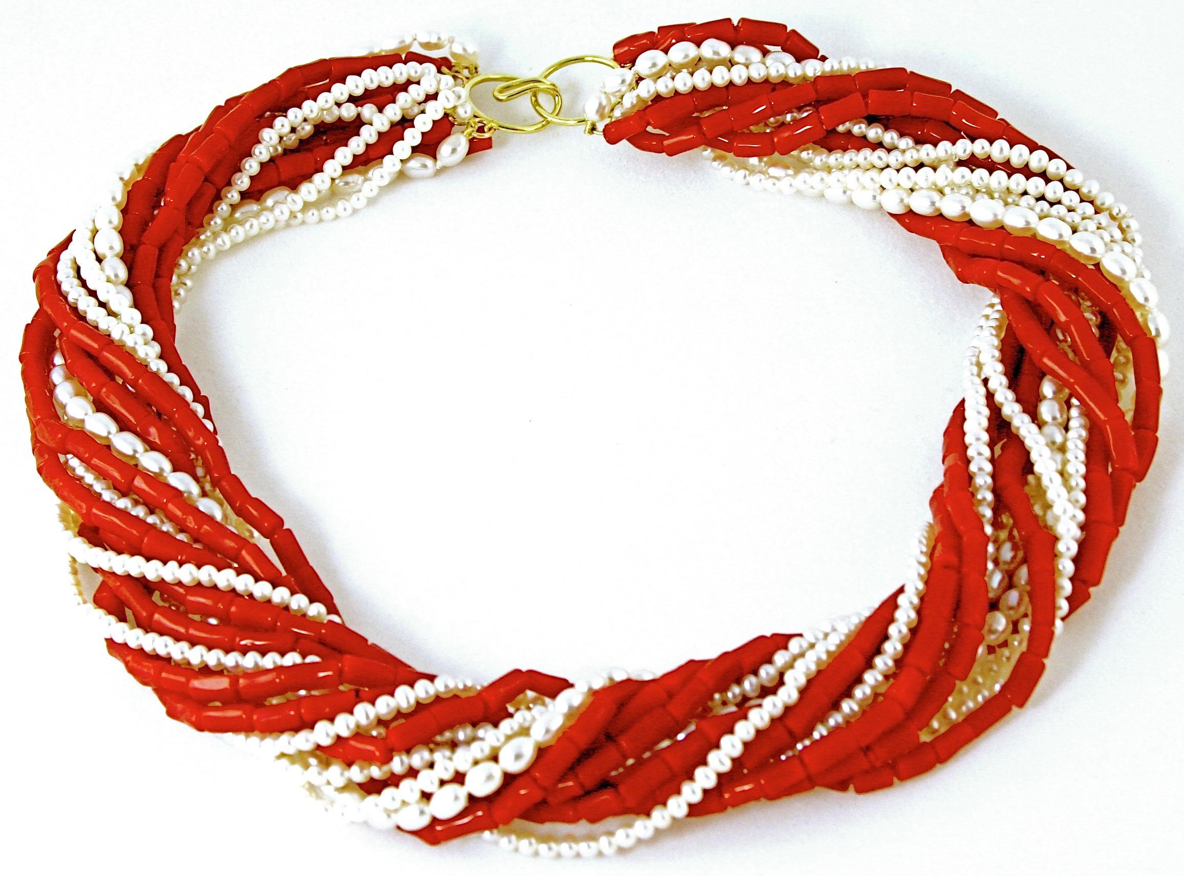 Natural Italian Red Coral and Pearls 8-Strand Torsade Necklace 18k Gold Clasp In New Condition For Sale In New York, NY