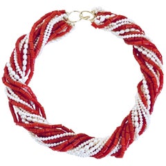 Natural Italian Red Coral and Pearls 8-Strand Torsade Necklace 18k Gold Clasp