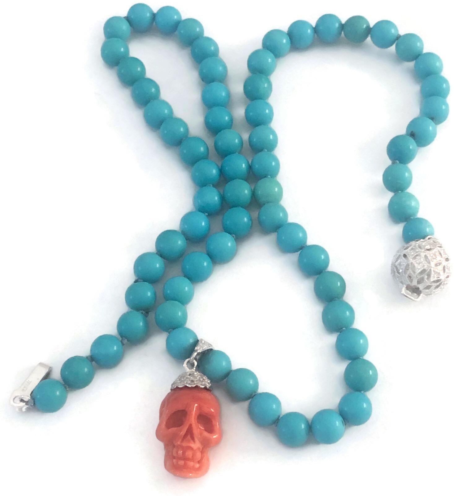 Contemporary Natural Italian Red Coral Skull, Sleeping Beauty Turquoise, 18K Gold Diamonds For Sale