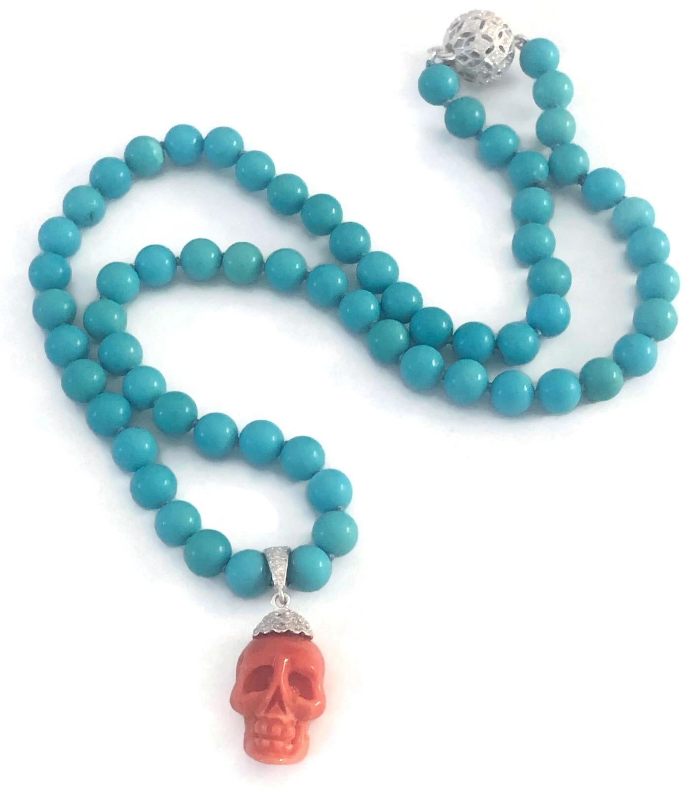 Natural Italian Red Coral Skull, Sleeping Beauty Turquoise, 18K Gold Diamonds In New Condition For Sale In New York, NY