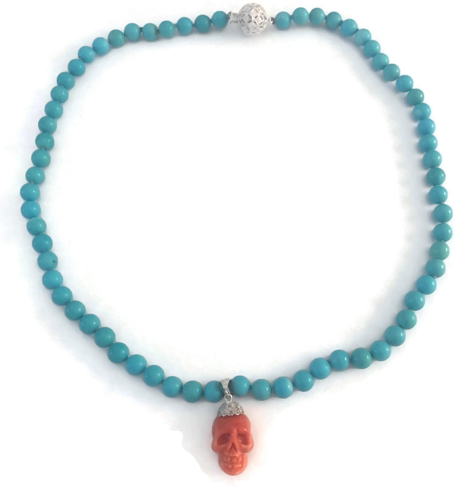 Women's or Men's Natural Italian Red Coral Skull, Sleeping Beauty Turquoise, 18K Gold Diamonds For Sale