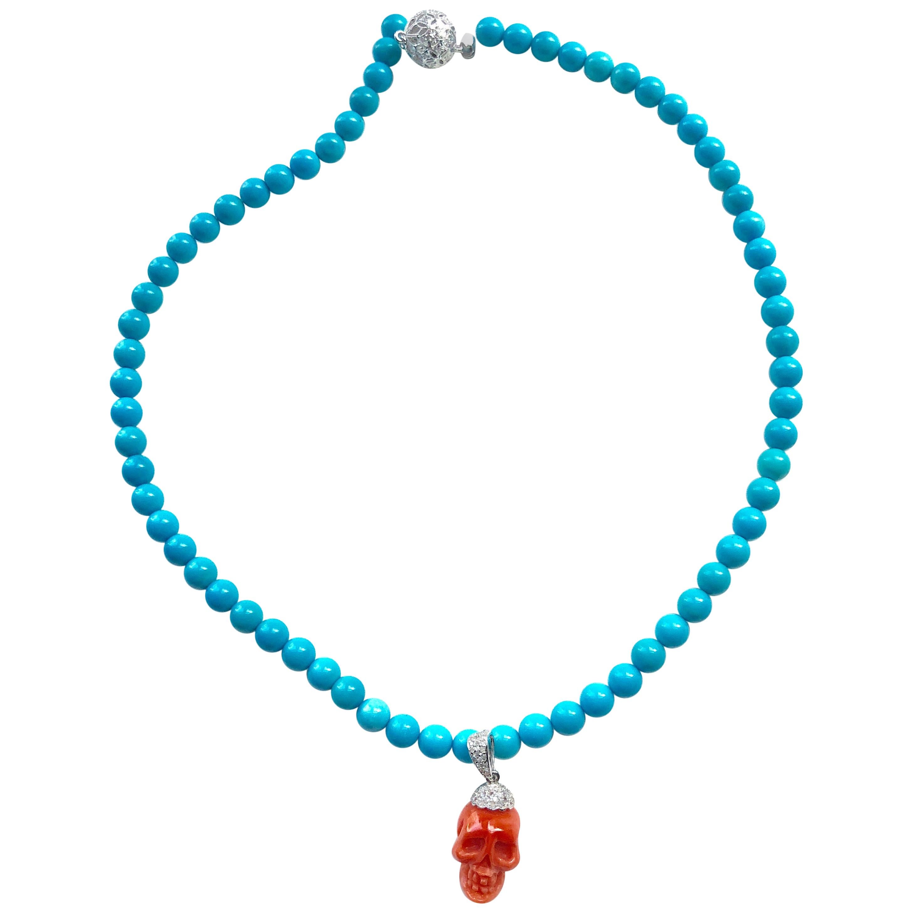 Natural Italian Red Coral Skull, Sleeping Beauty Turquoise, 18K Gold Diamonds For Sale