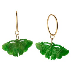 Natural Jade 18 Karat Gold Deco Italian Hoop Butterfly Earrings INTINI Jewels