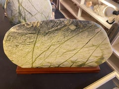 Natural Jade and Serpentine Scenery Stone on Wood Stand