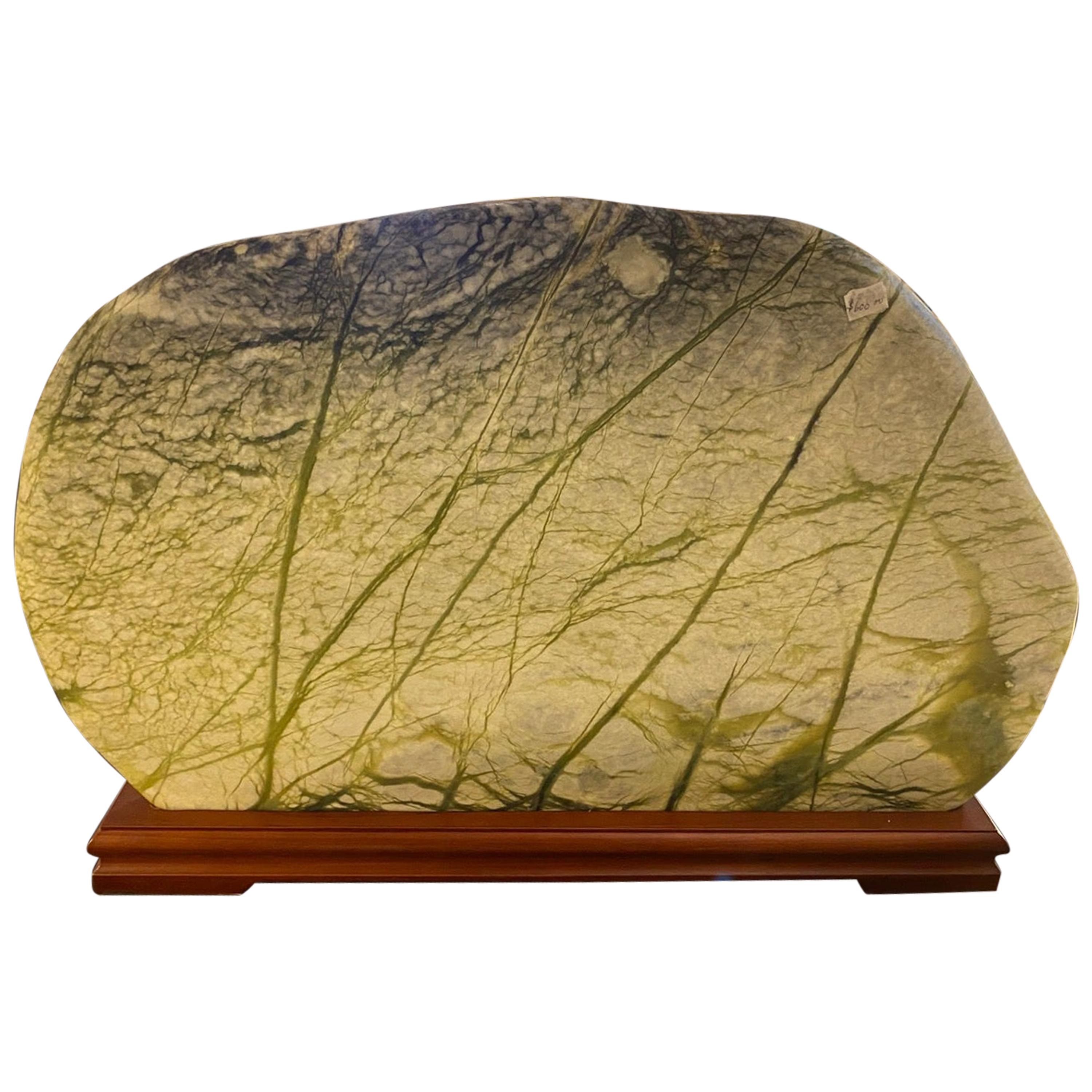 Natural Jade and Serpentine Scenery Stone on Wood Stand For Sale