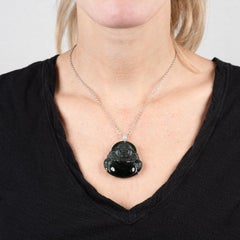 Natural Jade Buddha Pendant w/ 0.15ctw Diamond Bale 14 Karat White Gold Necklace