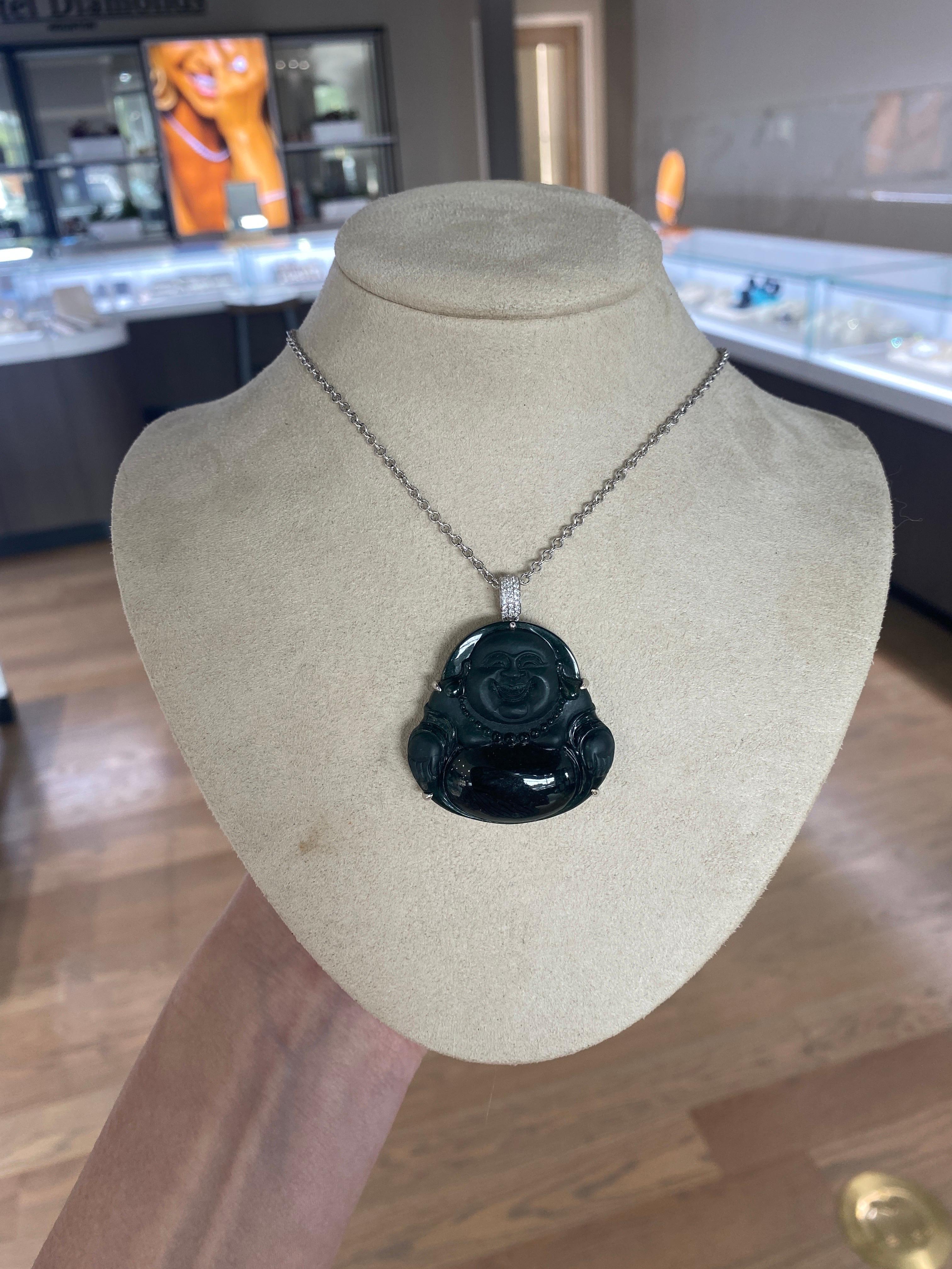 Natural Jade Buddha Pendant w/ 0.15ctw Diamond Bale 14 Karat White Gold Necklace In New Condition For Sale In Houston, TX