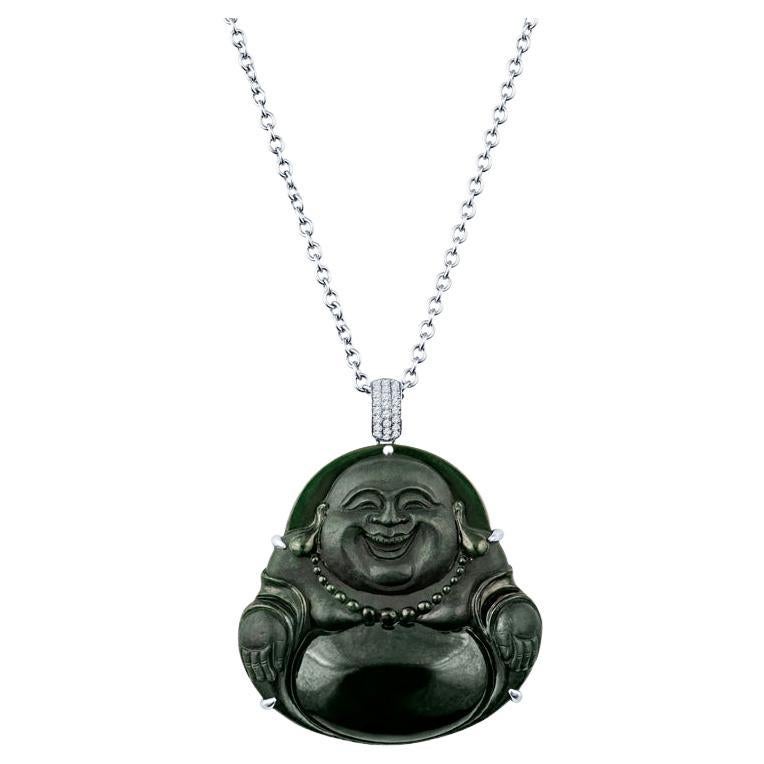 Natural Jade Buddha Pendant w/ 0.15ctw Diamond Bale 14 Karat White Gold Necklace