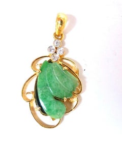 Natural Jade Carved Diamond Pendant 18kt .07ct*