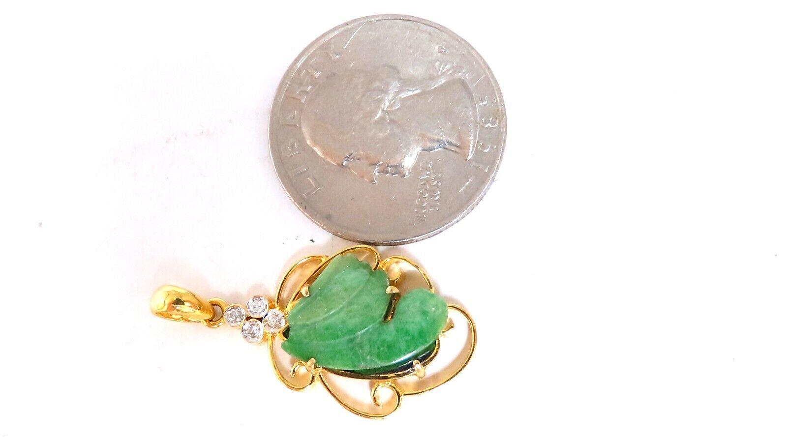 Round Cut Natural Jade Carved Diamond Pendant 18kt .07ct For Sale