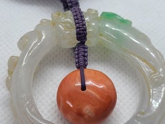 Natural Jade Carved Dragon Head & Coral Bead Handmade Necklace