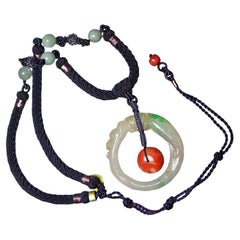 Natural Jade Carved Dragon Head & Coral Bead Handmade Necklace