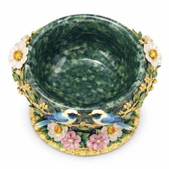 Natural Jade Centerpiece Bowl with Gold Vermeil Birds, Gemstone Flowers-Konforti