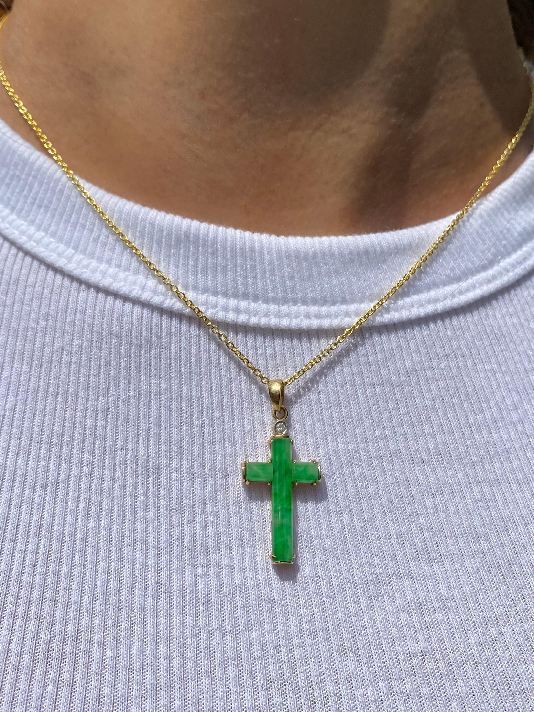 Cabochon Natural Jade Cross Pendant in 18k Solid Gold Setting with 14k Gold Cable Chain