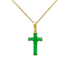 Natural Jade Cross Pendant in 18k Solid Gold Setting with 14k Gold Cable Chain