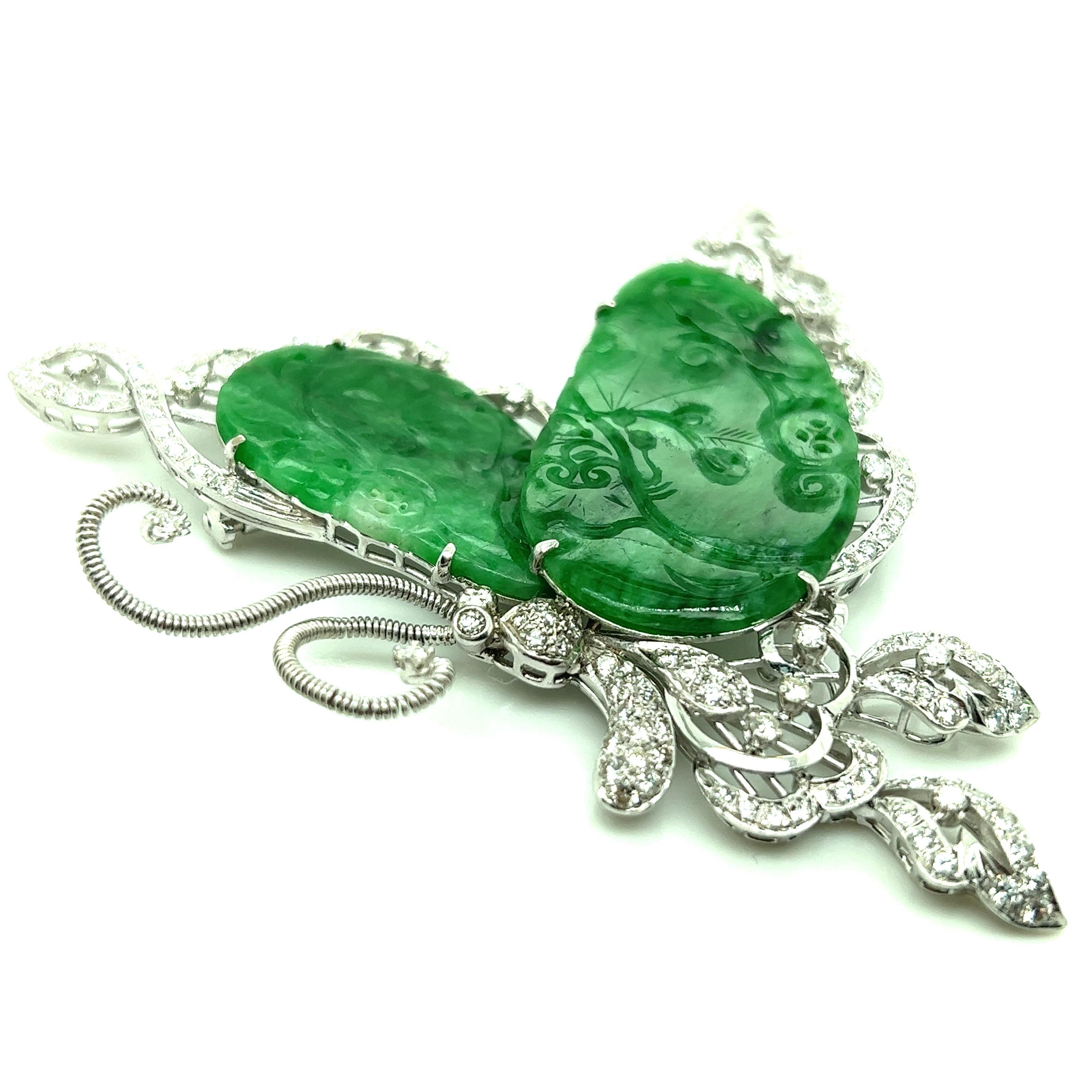 Natural Jade Diamond Butterfly Brooch In Excellent Condition For Sale In New York, NY