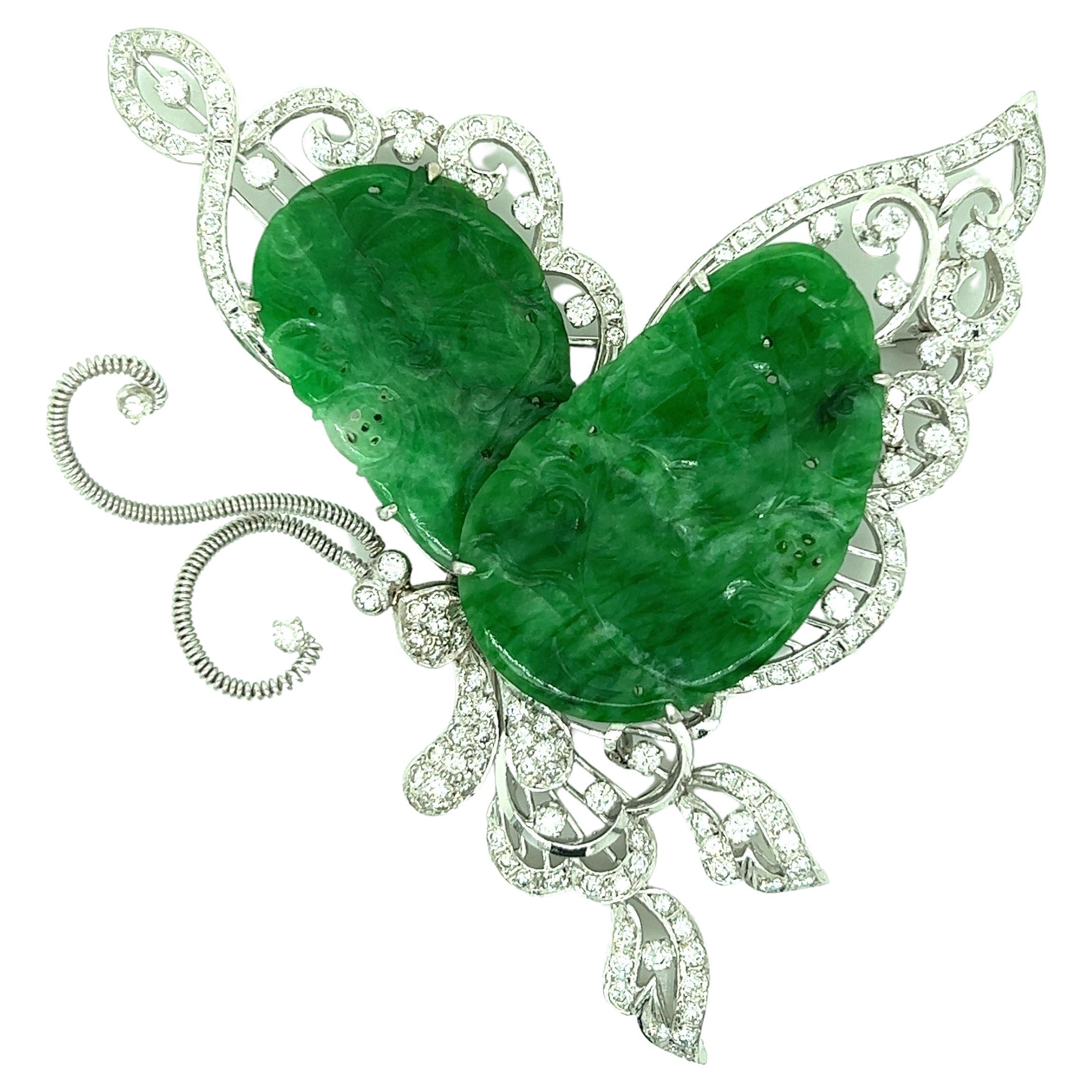 Natural Jade Diamond Butterfly Brooch For Sale