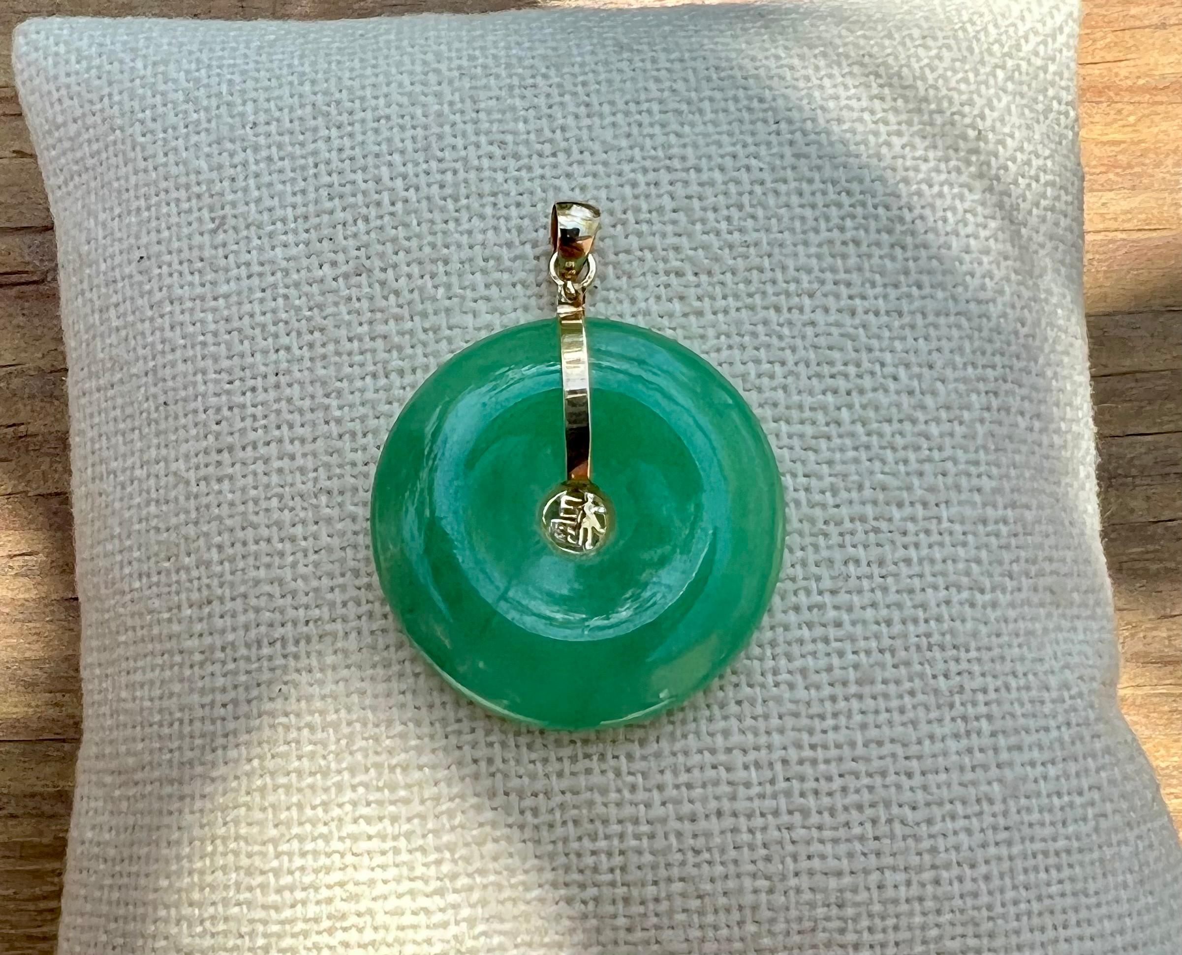 Women's or Men's Natural Jade Disc Pendant in 14 Karat Yellow Gold