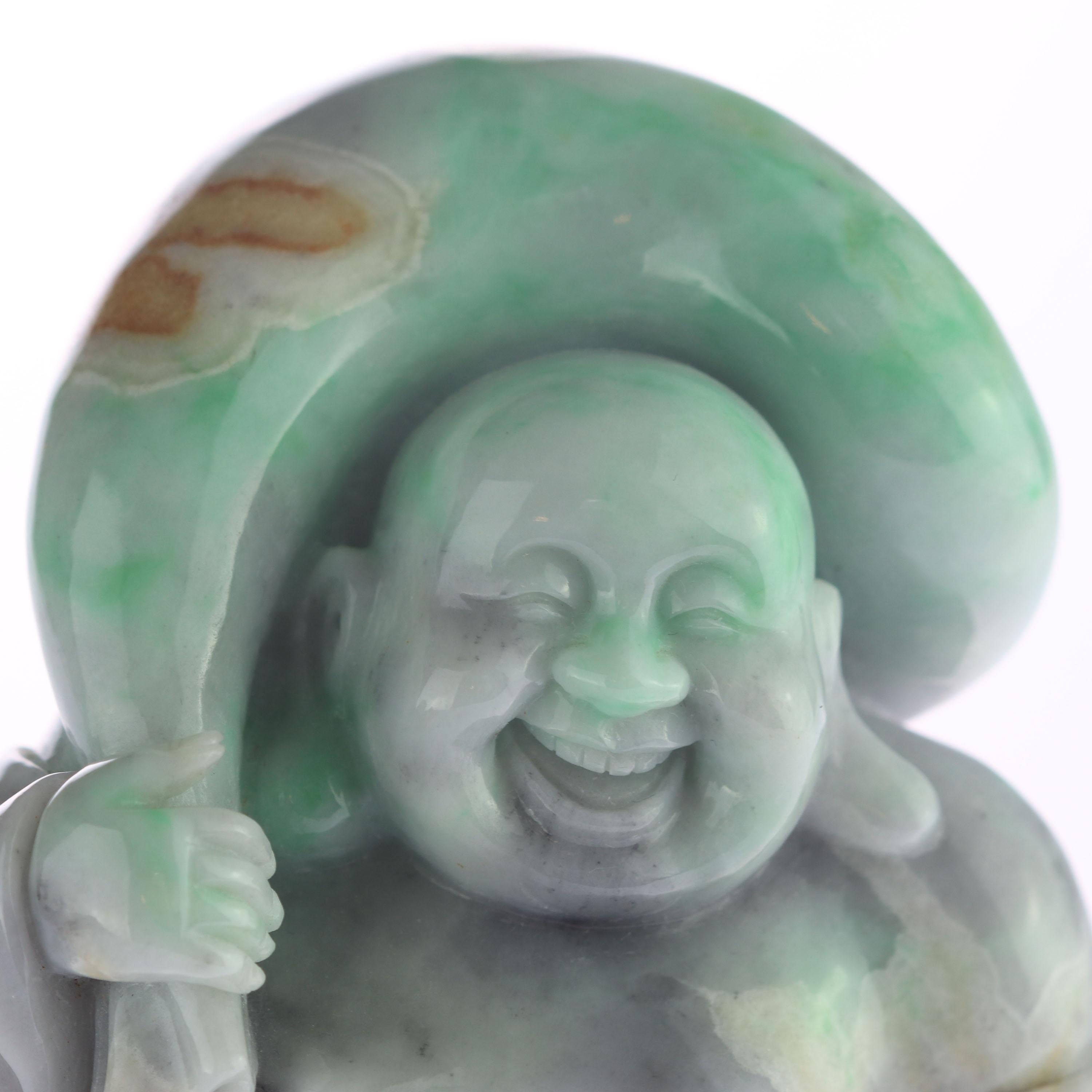Natural Jade Jadeite Laughing Travel Buddha Asian Decorative Statue Sculpture For Sale 1