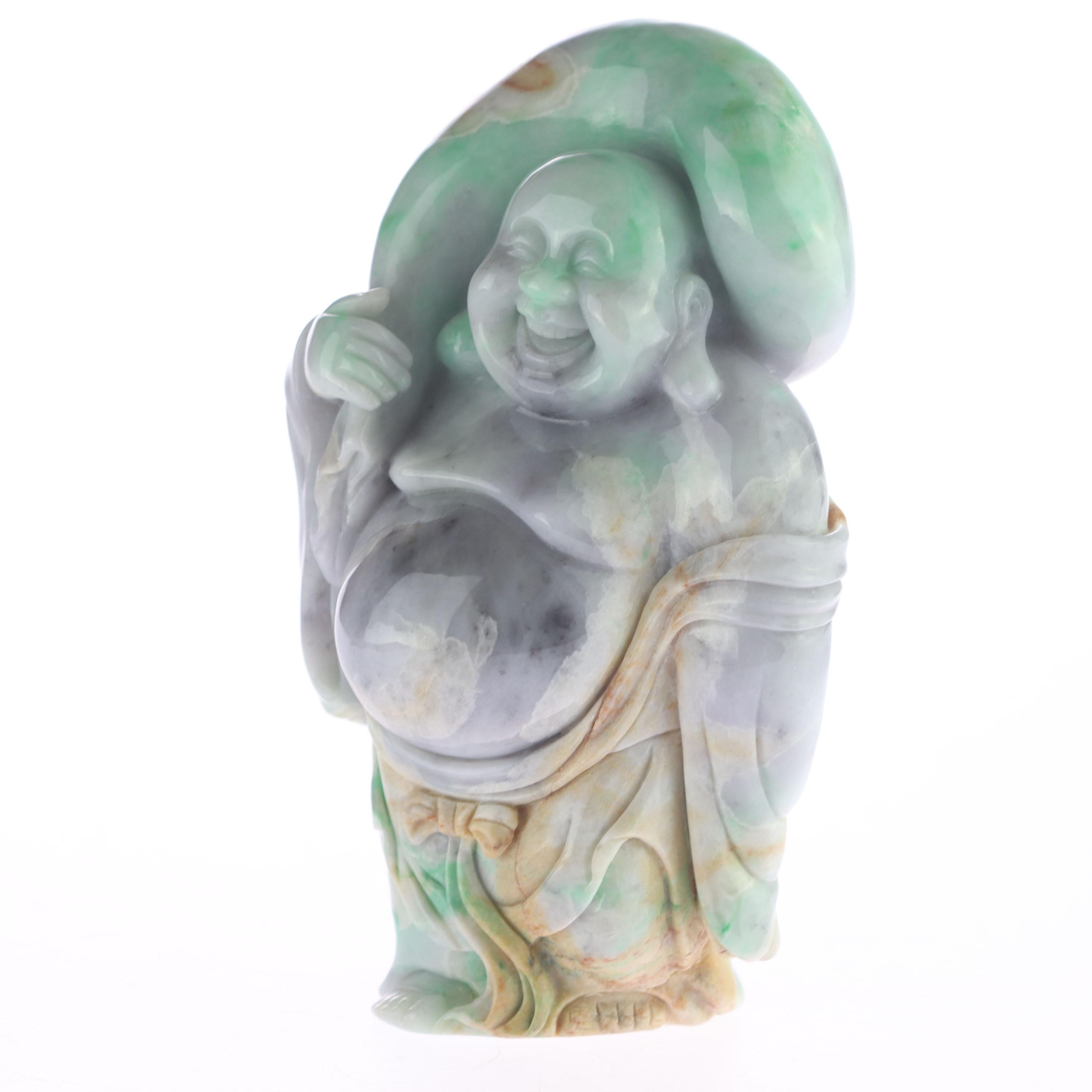 Natural Jade Jadeite Laughing Travel Buddha Asian Decorative Statue Sculpture For Sale 2
