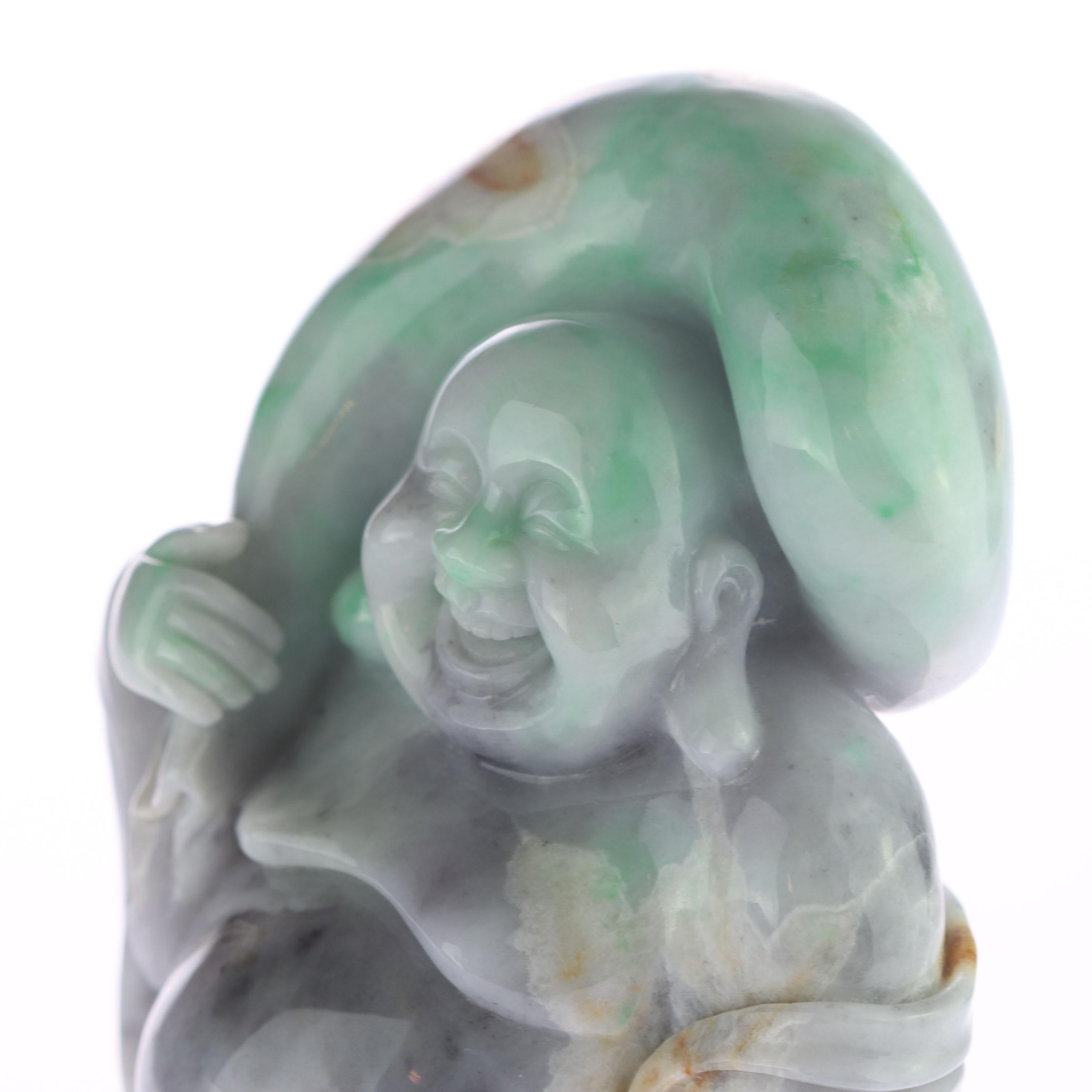 Natural Jade Jadeite Laughing Travel Buddha Asian Decorative Statue Sculpture For Sale 5