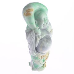 Natural Jade Jadeite Laughing Travel Buddha Asian Decorative Statue Sculpture
