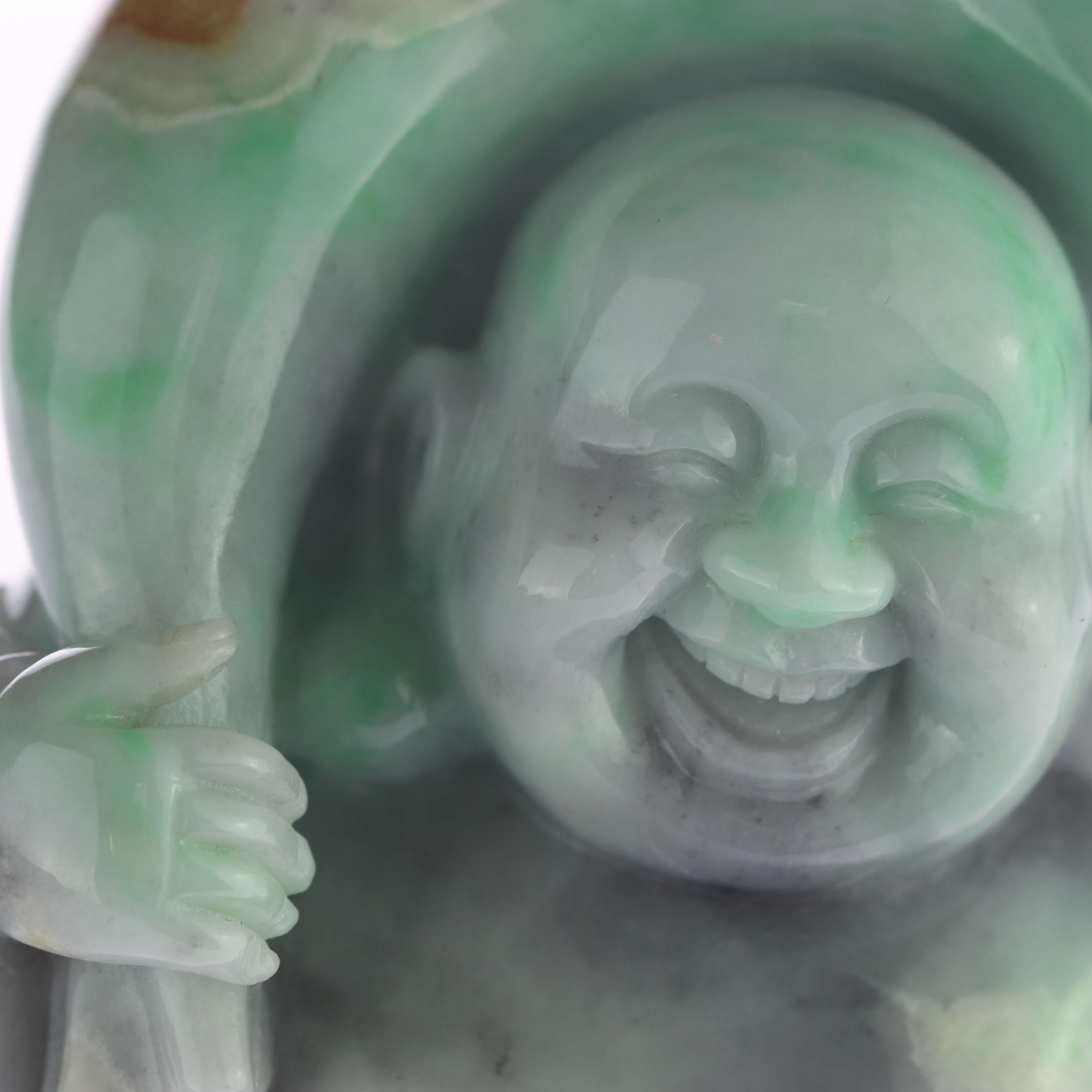 Chinese Natural Jade Jadeite Laughing Travel Buddha Asian Decorative Statue Sculpture For Sale