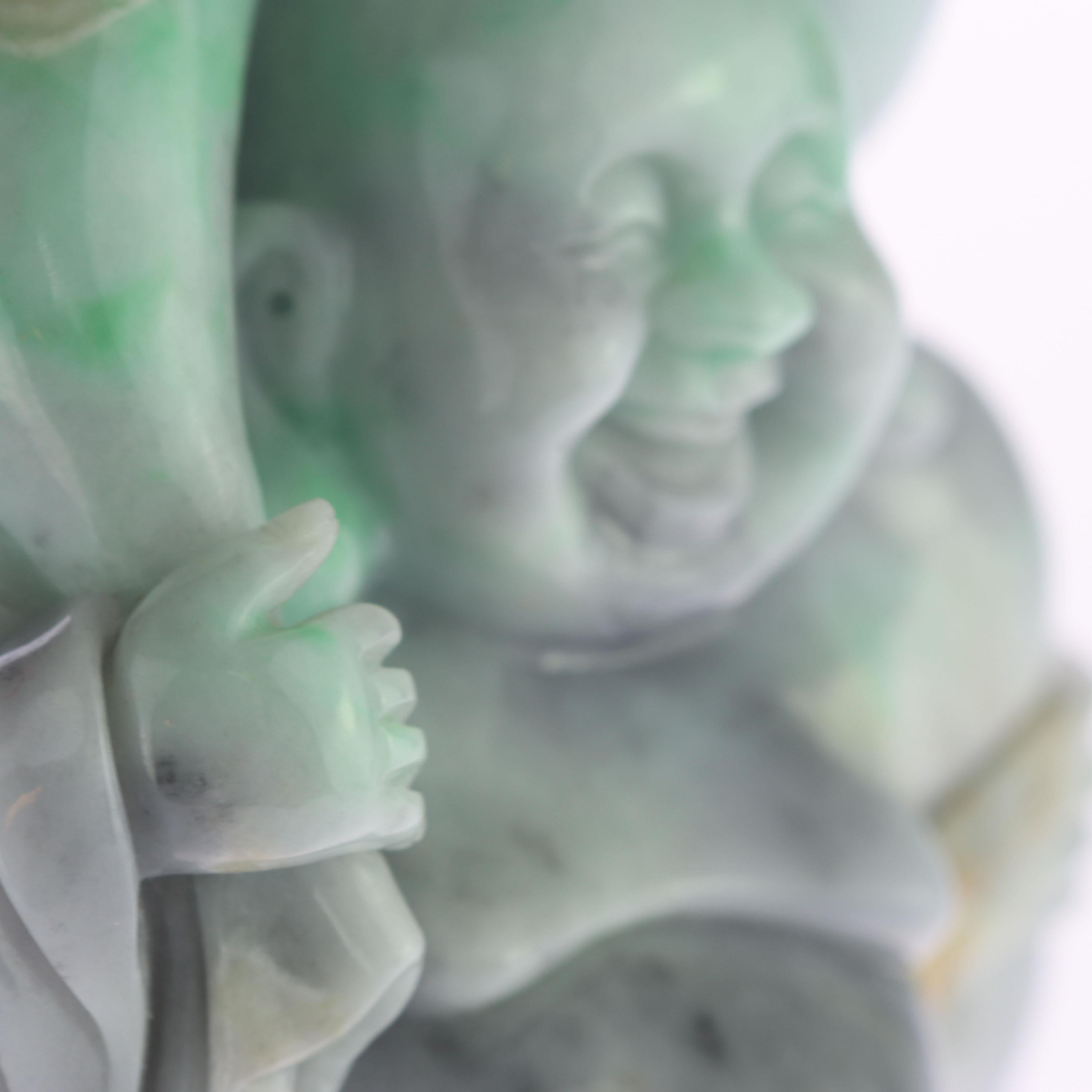 Natural Jade Jadeite Laughing Travel Buddha Asian Decorative Statue Sculpture In Excellent Condition For Sale In Milano, IT