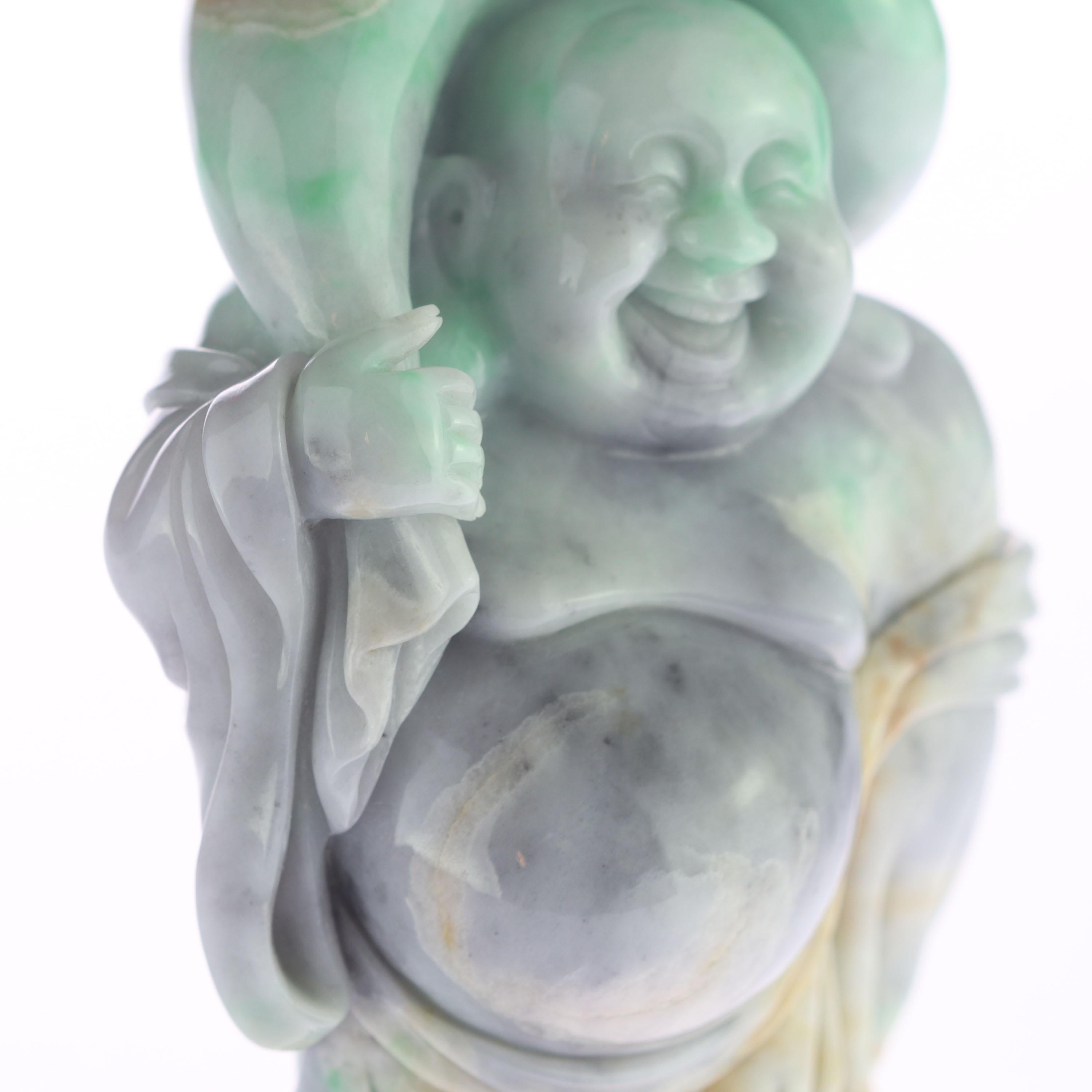 20th Century Natural Jade Jadeite Laughing Travel Buddha Asian Decorative Statue Sculpture For Sale