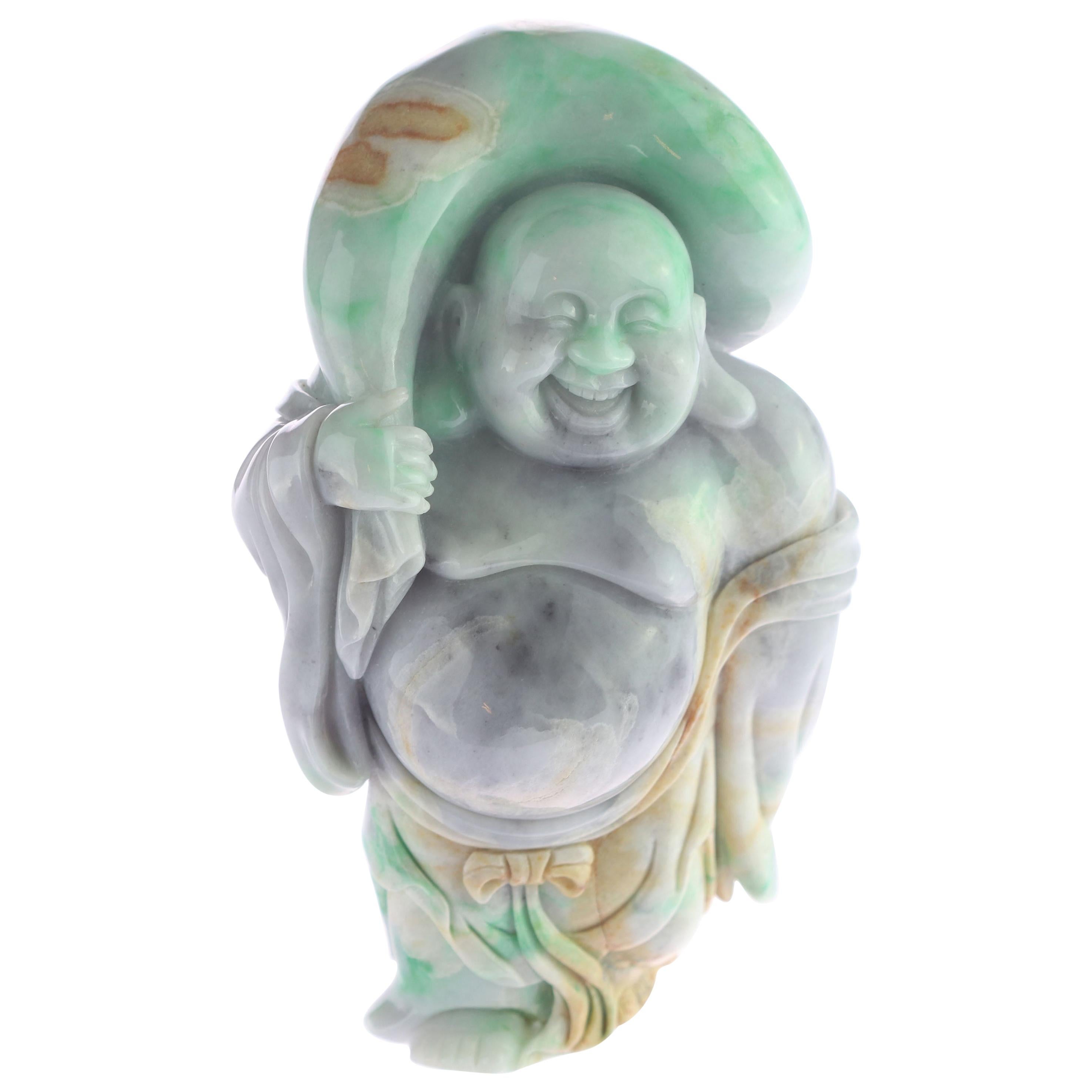 Natural Jade Jadeite Laughing Travel Buddha Asian Decorative Statue Sculpture For Sale
