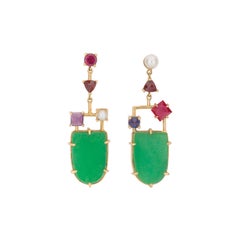 Natural Jade Multi Gemstone Asymmetrical 18K Amethyst Sapphire Dangle Earrings