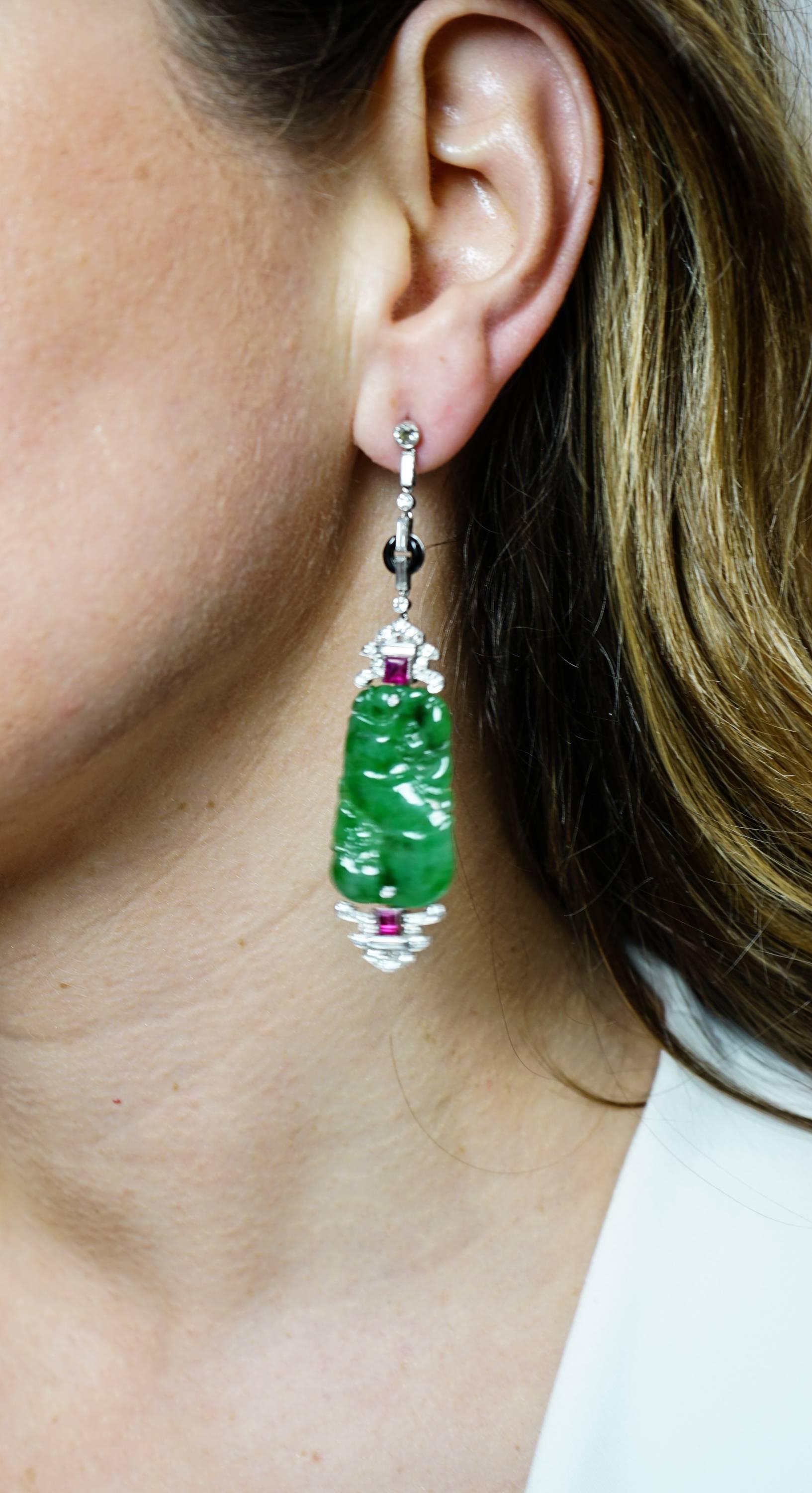 Baguette Cut Natural Jade, Pink Sapphire and Diamond Modern Art Deco Platinum Drop Earrings For Sale