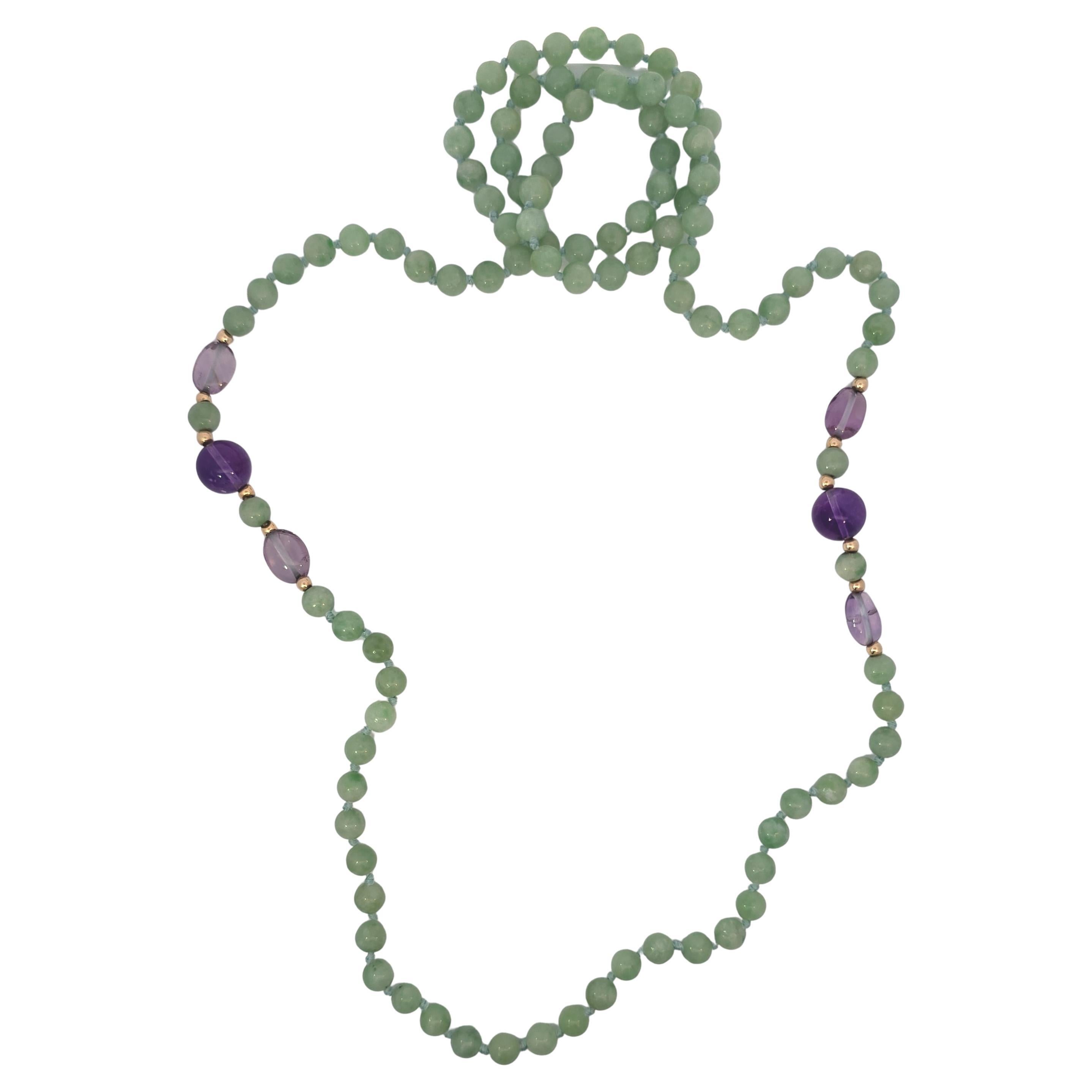 Natural Jadeite & Amethyst Necklace with Gold Beads