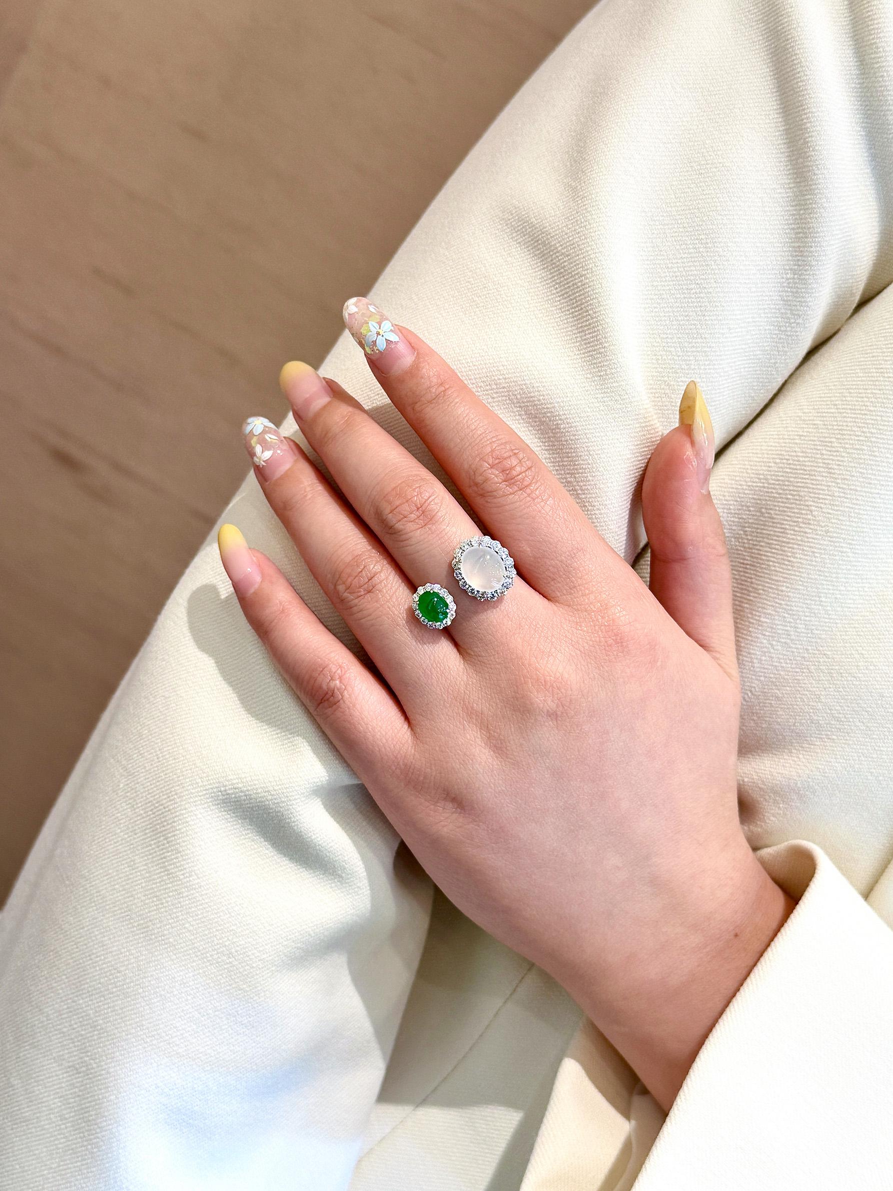 da uomo o donna Anello in giadeite naturale e diamanti in oro bianco 18 carati in vendita