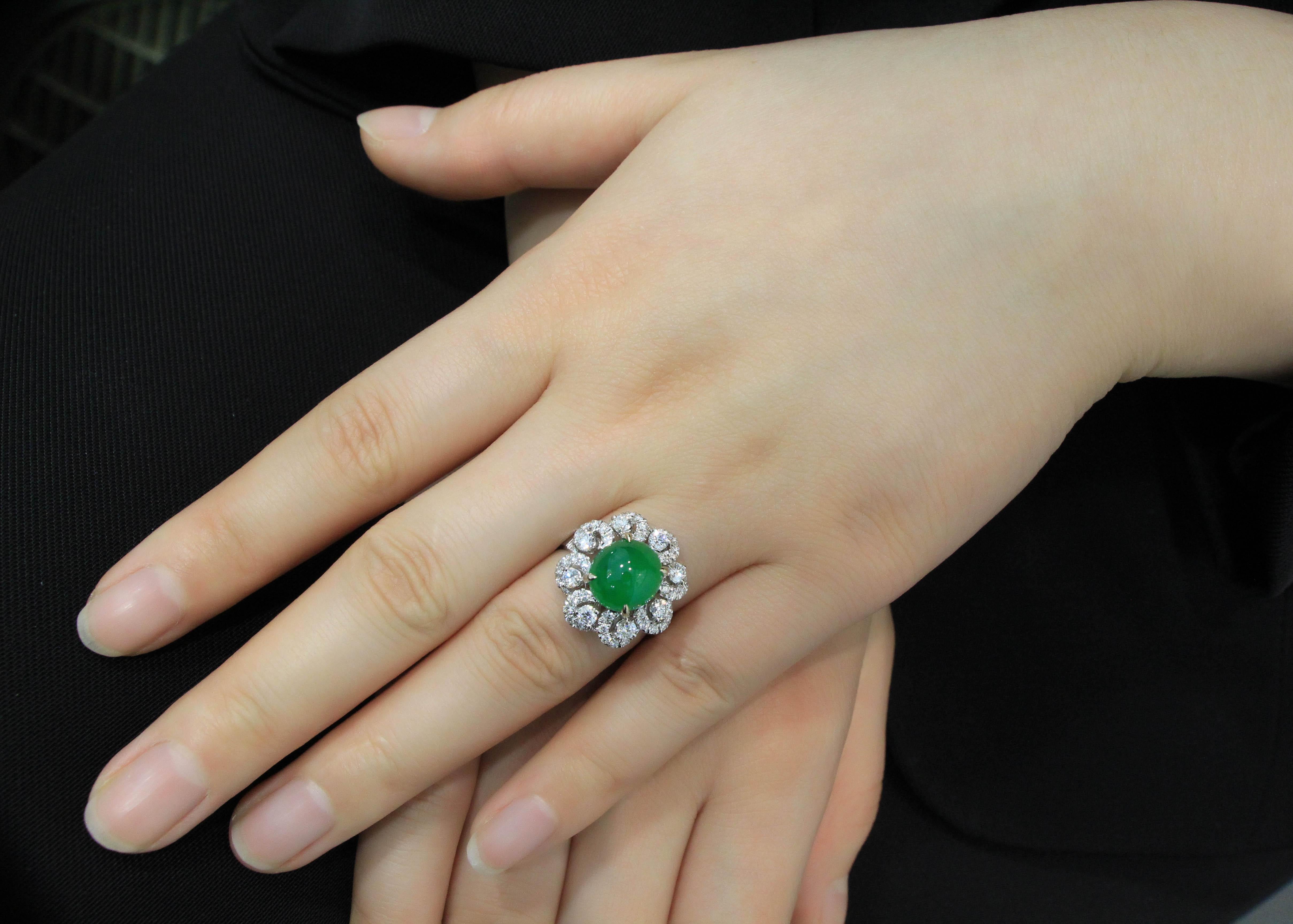 Natural Jadeite and Diamond Ring in 18 Karat White Gold For Sale 1