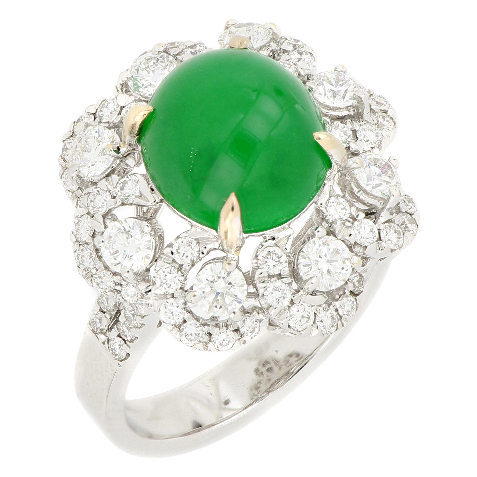 Natural Jadeite and Diamond Ring in 18 Karat White Gold For Sale