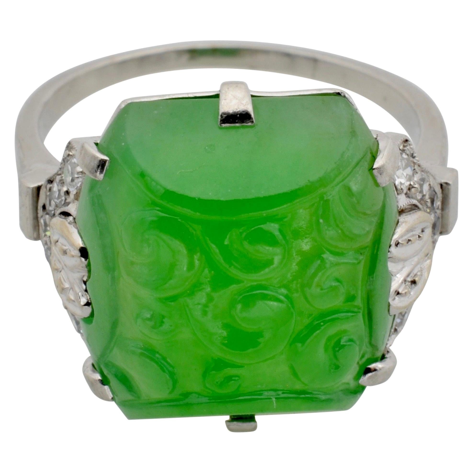GIA Certified Jadeite Green Engraved Diamond Ring Platinum France