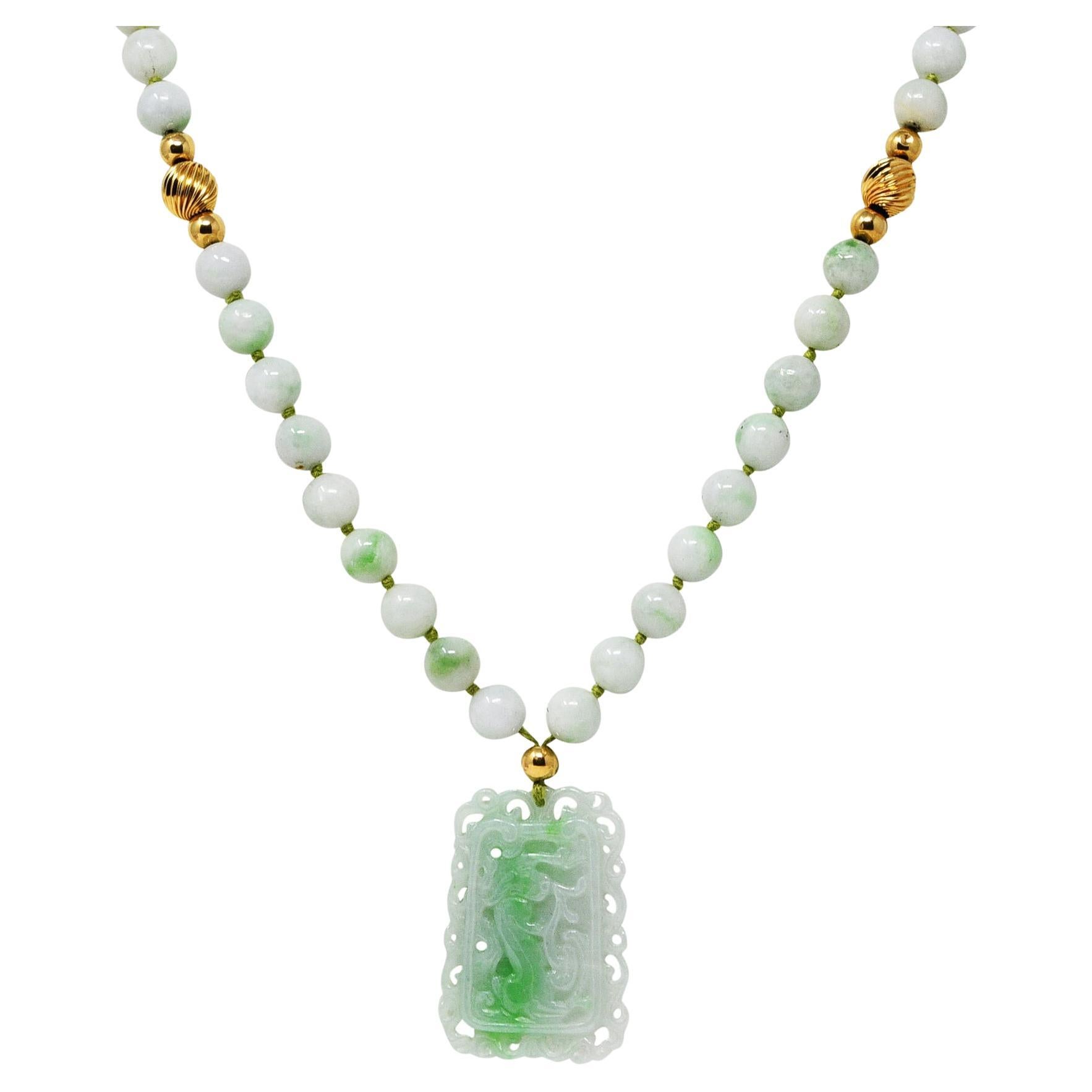 Natural Jadeite Jade 14 Karat Yellow Gold Bead Strand Carved Vintage Necklace For Sale
