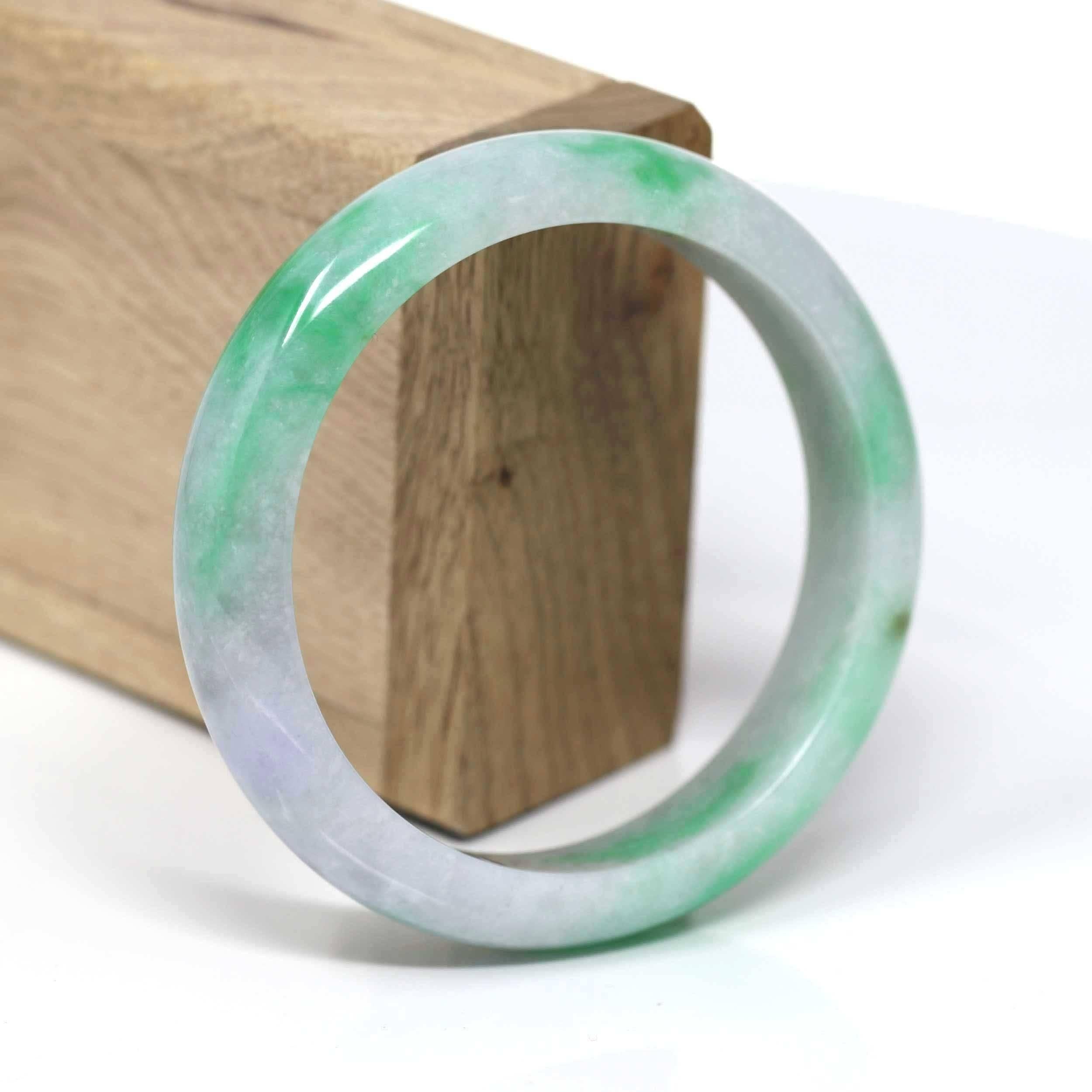* DETAILS--- Genuine Burmese Jadeite Jade Bangle Bracelet. This bangle is made with high-quality genuine Burmese Jadeite jade, The jade texture is so smooth with vibrant green color and whole lavender colors inside. It looks perfect with vibrant